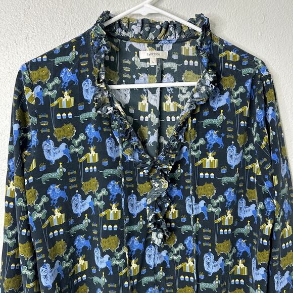 Tyler Boe Halprin Silk Whoof Dog Party Print Button Up Shirt Blue Green Large - Picture 3 of 11